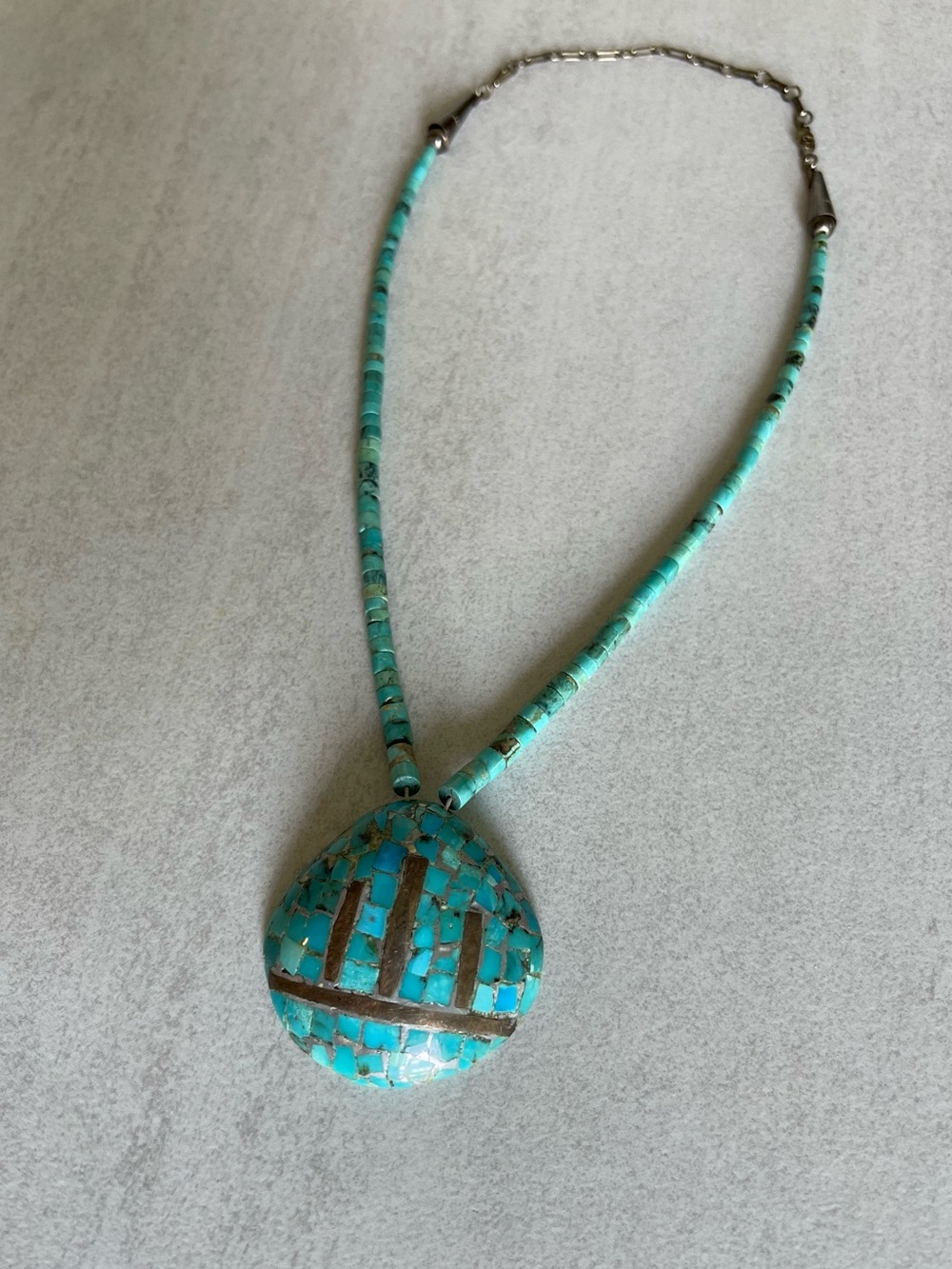 Native American Vintage Santo Domingo Turquoise Mosaic Sterling Silver Necklace